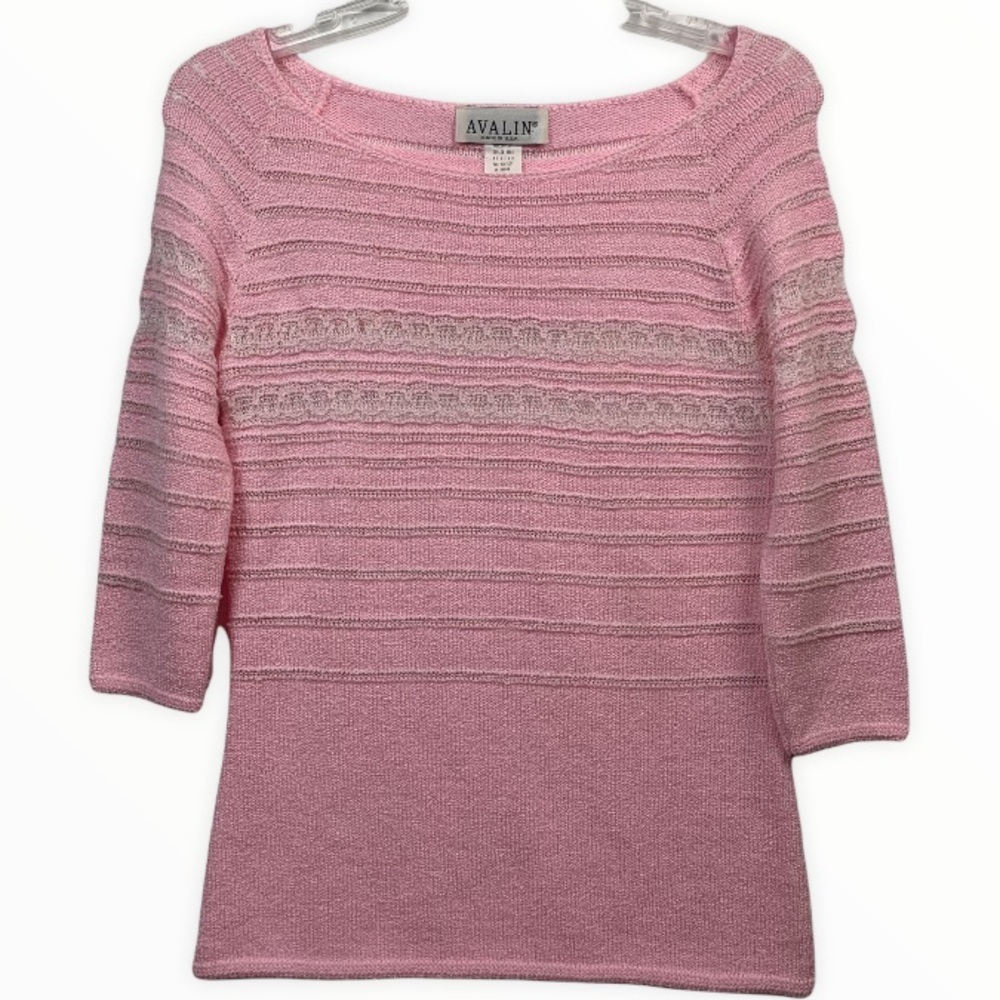AVALIN Vintage Lace Knit Sweater Feminine Pink 3/4 Sleeve Stretch